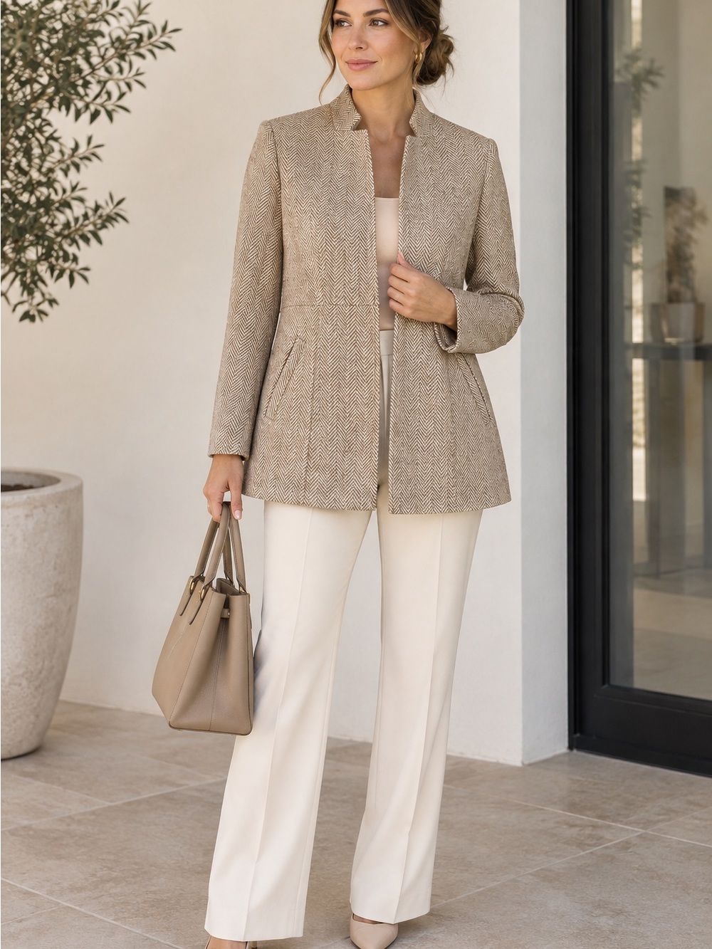 Mina Self Women’s Tailored Taupe Herringbone Blazer Jacket Beige L with pockets